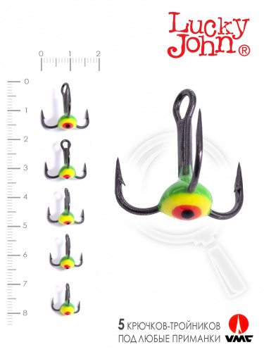 Крючоки-тройники для приманок Lucky John 01SET с каплей цвет. 5шт. набор фото 3