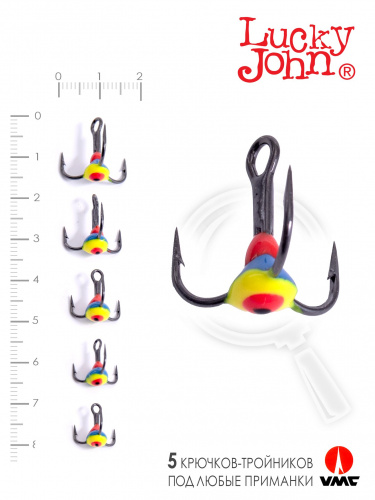 Крючоки-тройники для приманок Lucky John 05SET с каплей цвет. 5шт. набор фото 3